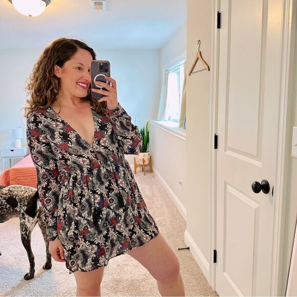 Free People Black Floral Tassel Long Sleeve Mini Dress Medium - Picture 1 of 13